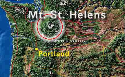 topographical map of Oregon and Washington, showing relative position of Mount St. Helens to Portland