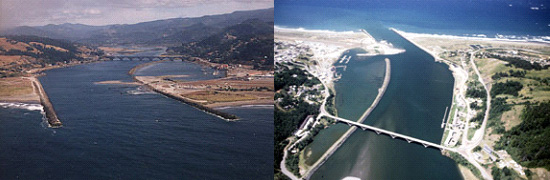 2 aerial images of the Rogue River at Gold Beach area
