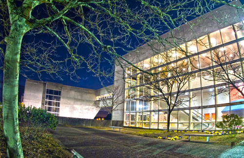 night view of the Washington Shore Visitor Center at Bonneville Lock and Dam