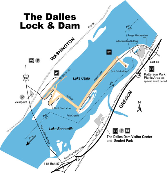 Map of The Dalles Dam and nearby amenities and facilities