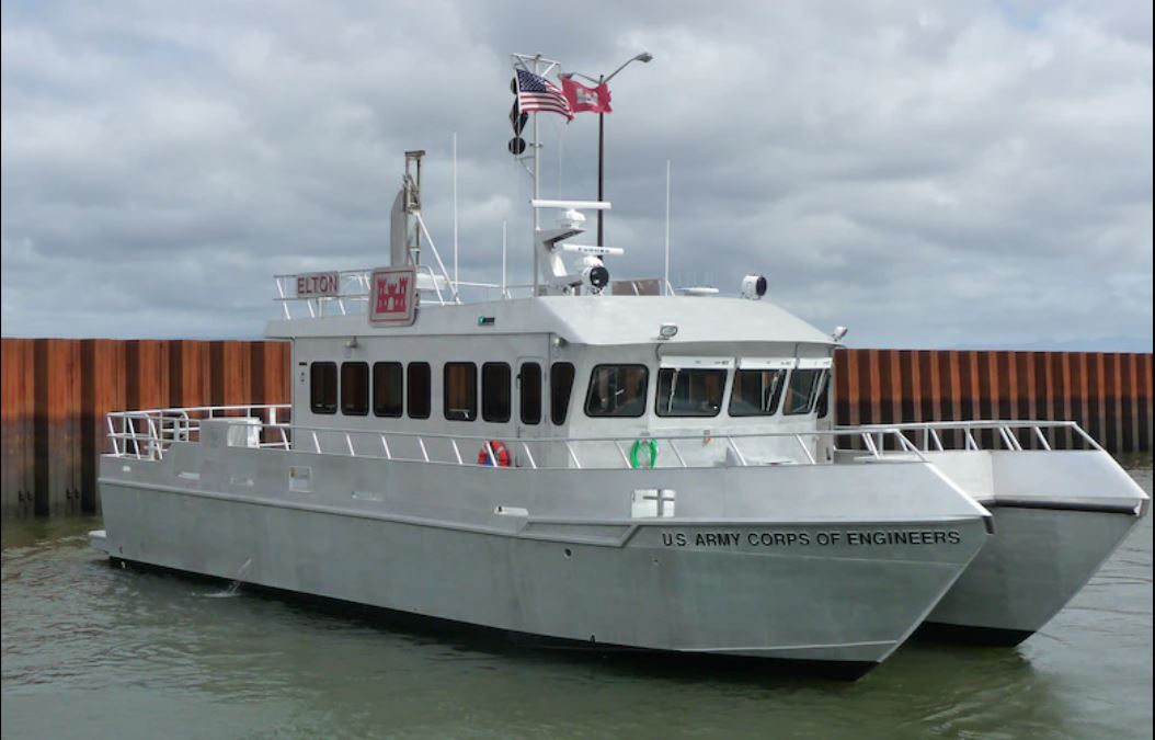 The small survey vessel "Elton" sits on the water. The small survey vessel "Elton" sits on the water.