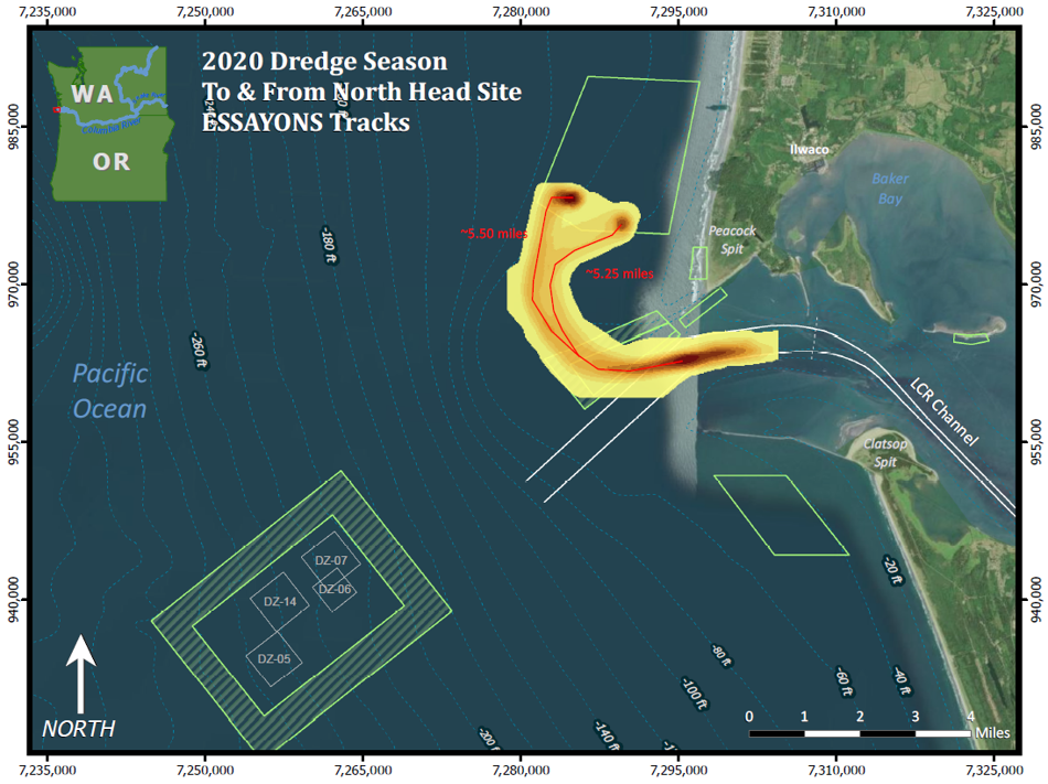 An overhead view of Peacock spit shows a yellow highlighted area in the water, indicating the path the Essayons took. An overhead view of Peacock spit shows a yellow highlighted area in the water, indicating the path the Essayons took.