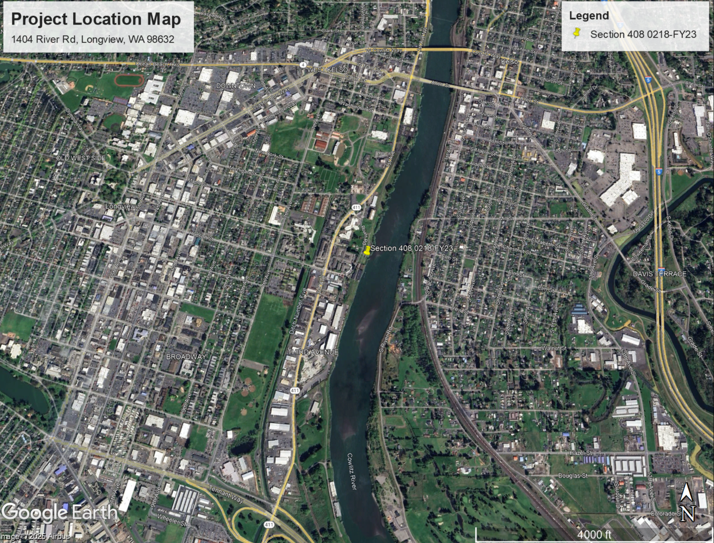 Map showing the project location for Section 408 Permission 0218-FY23. Project. The project  is located at a private residence at 1404 River Road, Longview, Cowlitz County, Washington. 