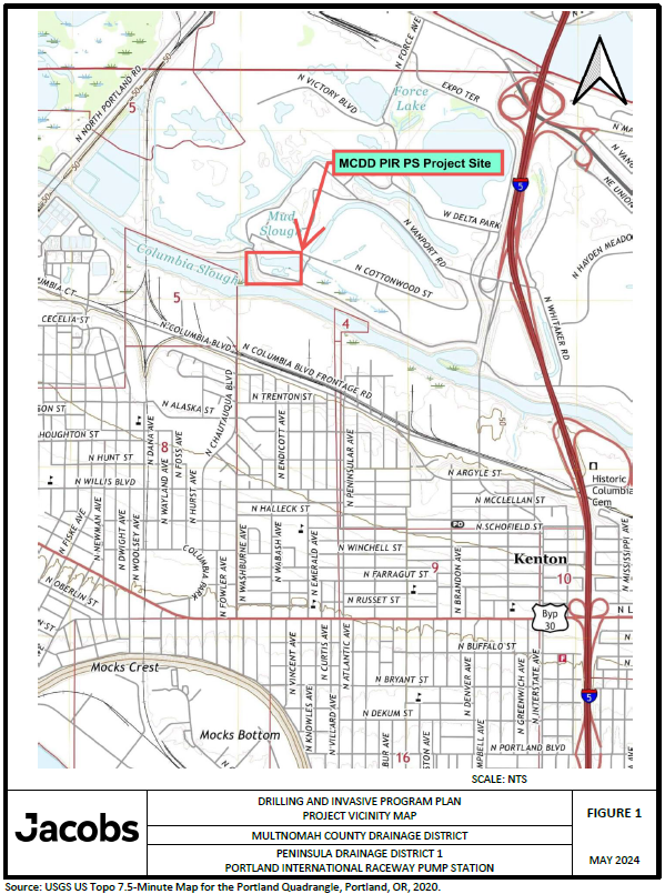 Overview map showing the project location in North Portland between the Columbia Slough and the western end of the Portland International Raceway. The approximate location is at Latitude 45.596037 and Longitude -122.703708.