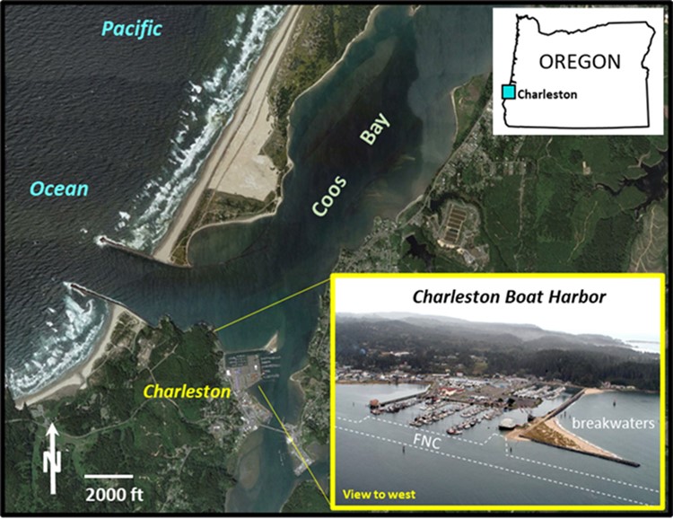 An image of Coos Bay Estuary and Charleston Marina, with inset of the boat harbor.