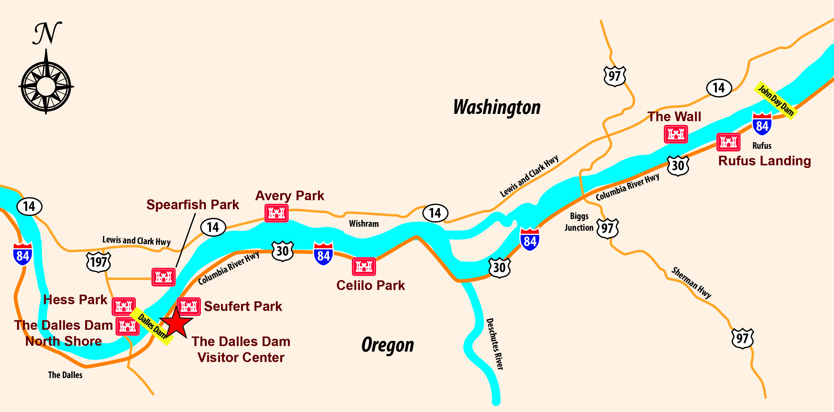 Map of recreation around The Dalles Lock & Dam